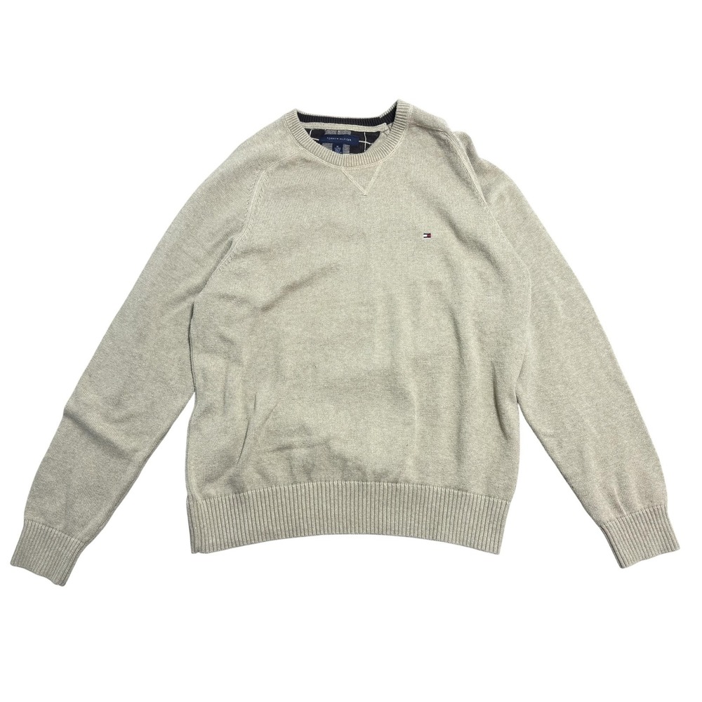 Tommy Hilfiger Sweater Mens XL Beige Crewneck Pullover Cotton Knit Flag Logo